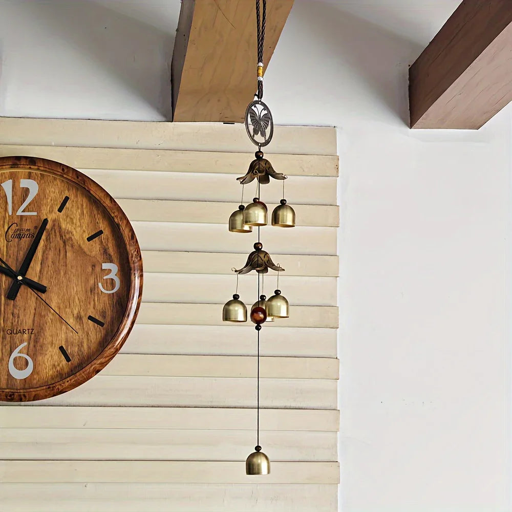 BellAura Doppelglocken Windspiel | Metall Anhänger | Garten & Hausdeko | Hängende Glocke, Messingfarbe