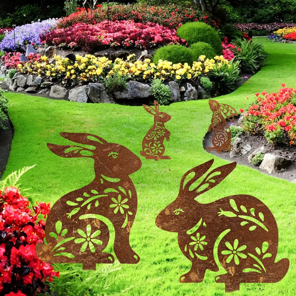 Rustiva | Hasen Gartenstecker | Rustikale Metall-Dekoration in Rostoptik | Wetterfester Gartenschmuck