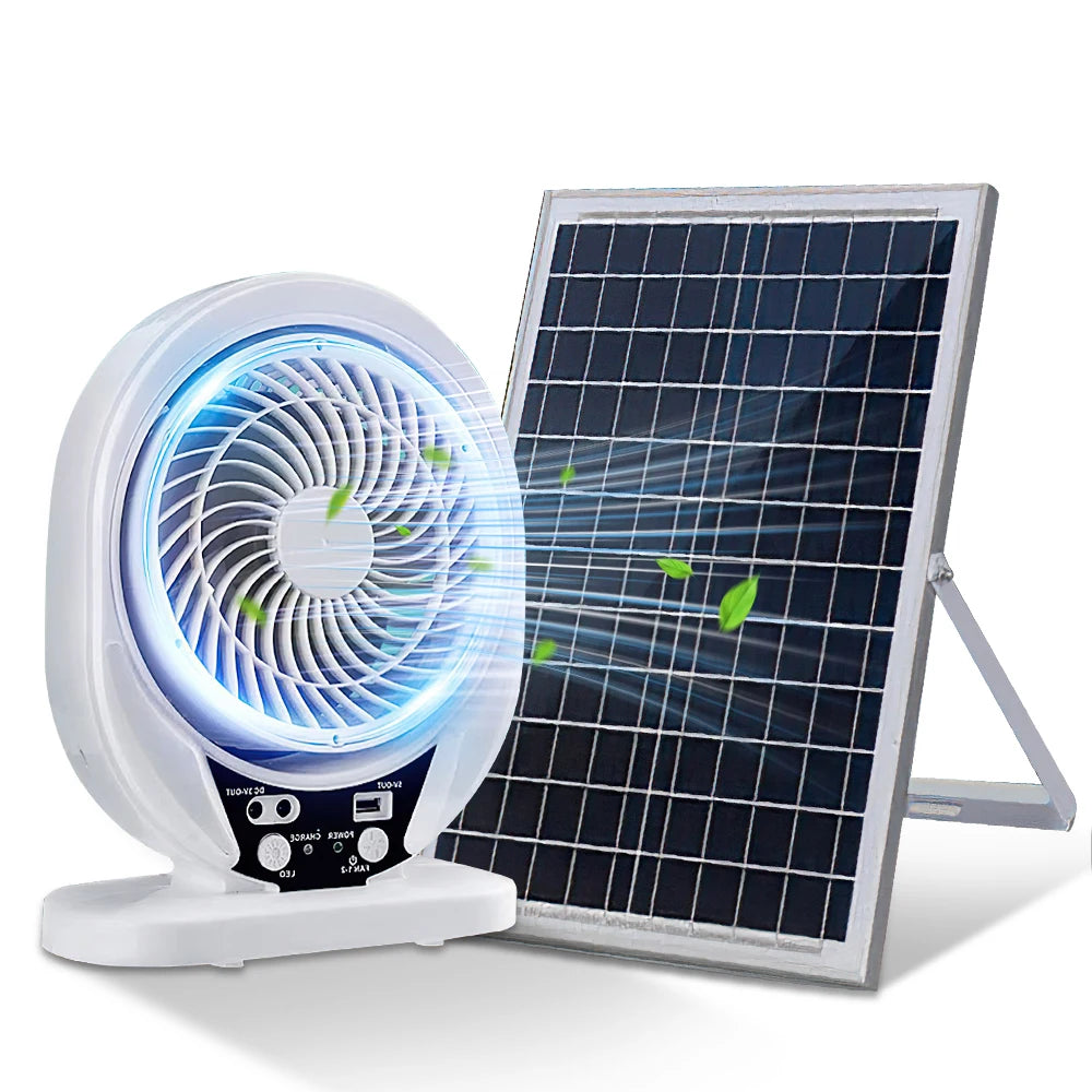 SolarBreeze Duo  Solar Camping Ventilator mit LED-Licht | USB wiederaufladbar | Tragbar 8 Zoll | Leise | Desktop & Outdoor | Weiß