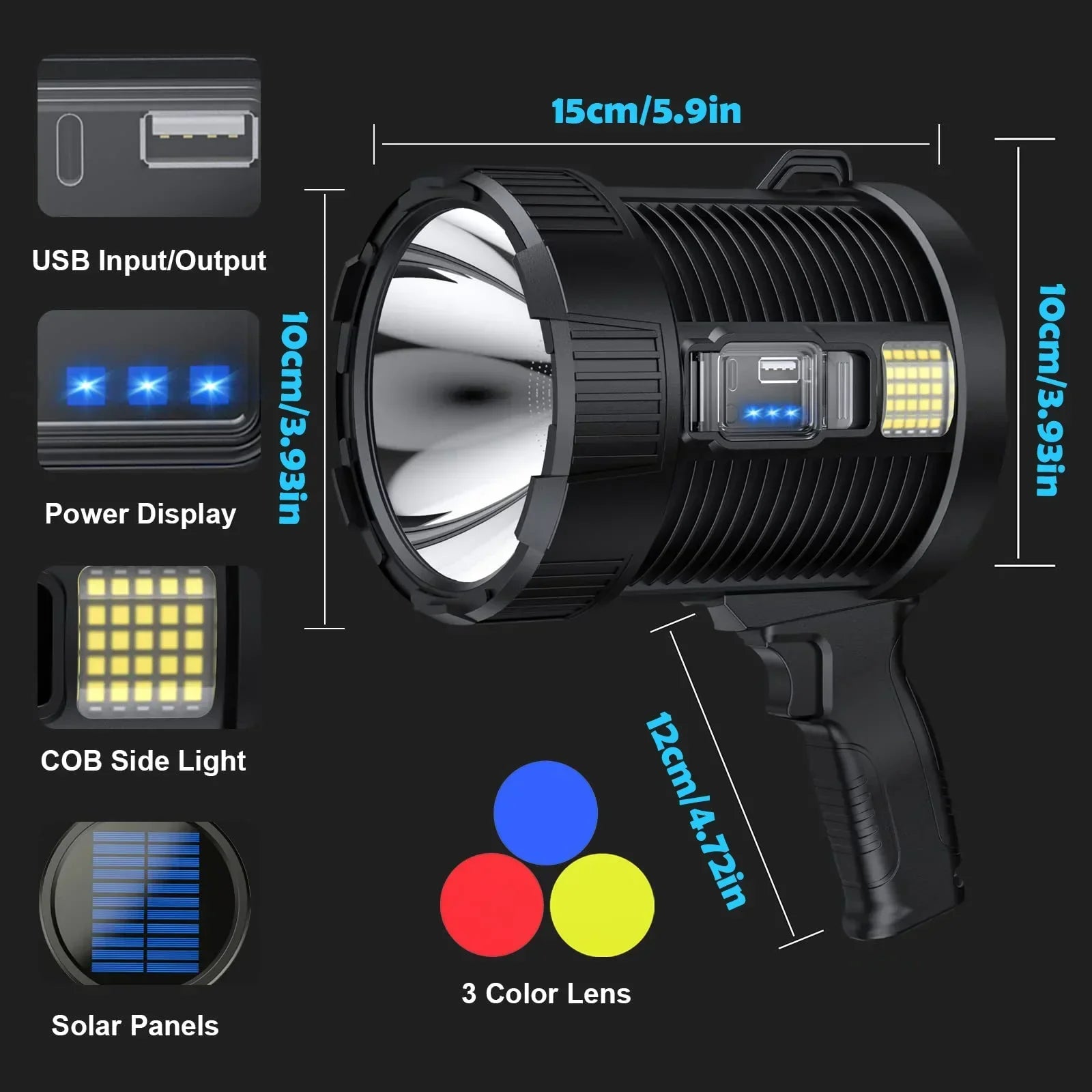 Handheld Spotlight LuminexPro 900K | 900,000 Lumens | 10000 mAh Battery | Solar & USB Charging Function | IPX5 Waterproof