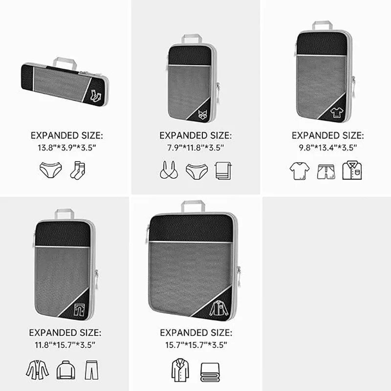PackEase Koffer Organizer Set 5er | Kompressions Packwürfel mit Schuhbeutel | Leicht & Platzsparend