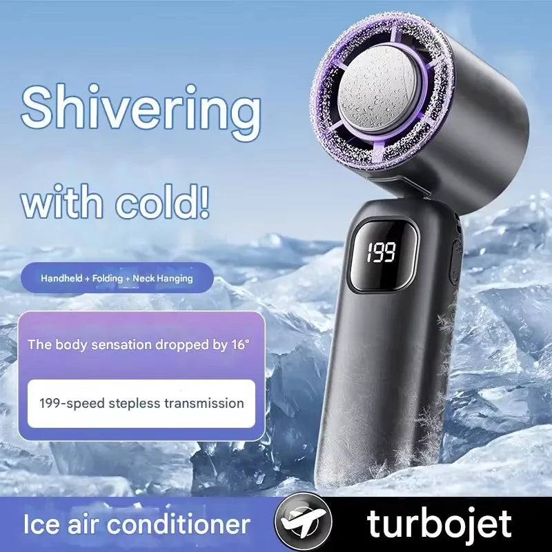 FrostTurbo Turbo Handventilator mit Eiskühlung | 199 Stufen | LED-Digitalanzeige | Handheld & Desktop | USB Akku | Reise & Zuhause