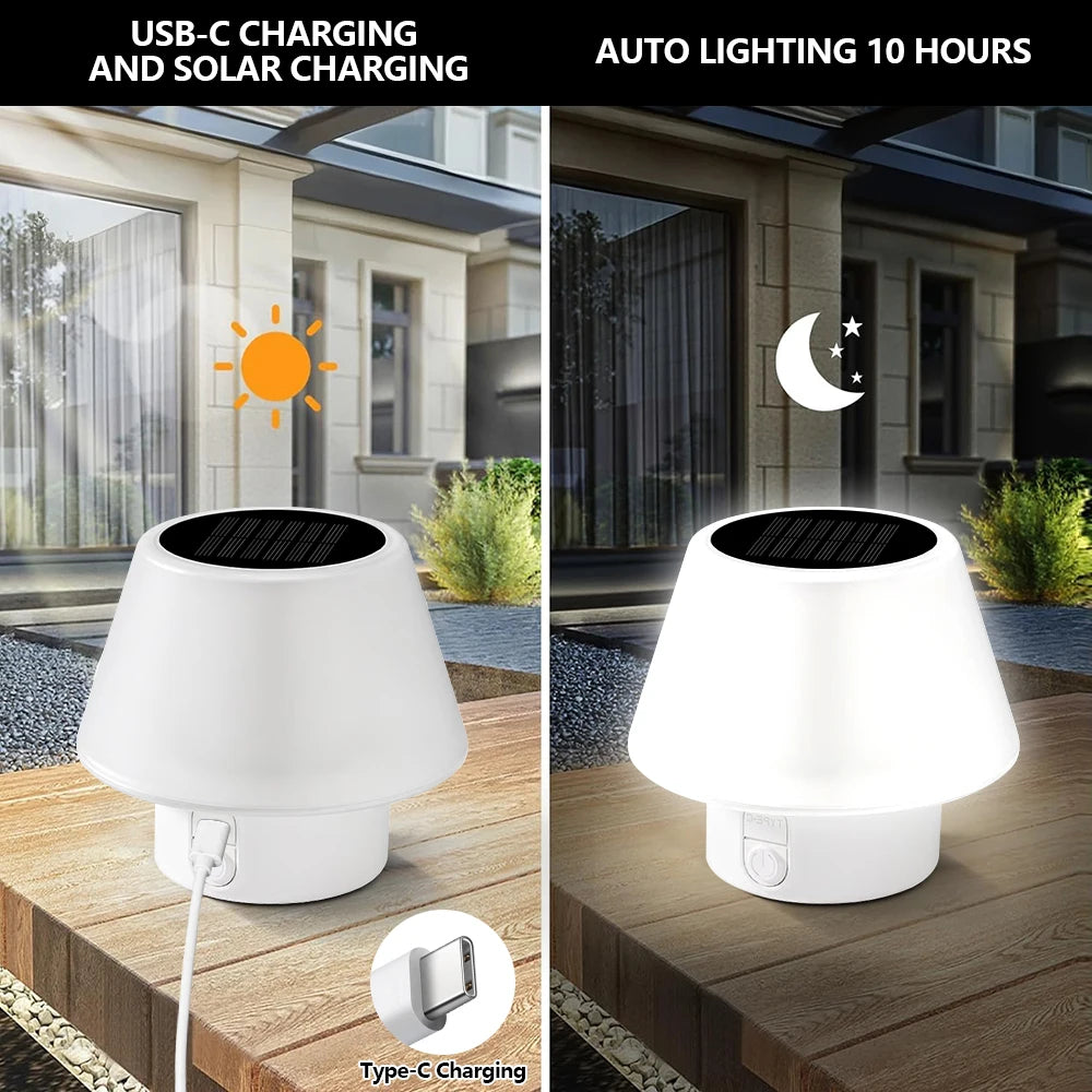 SolunaGlow Solar Tischlampe LED Pilz Design | Dimmbar & 4 Modi | IP65 Wasserdicht | Kabellos