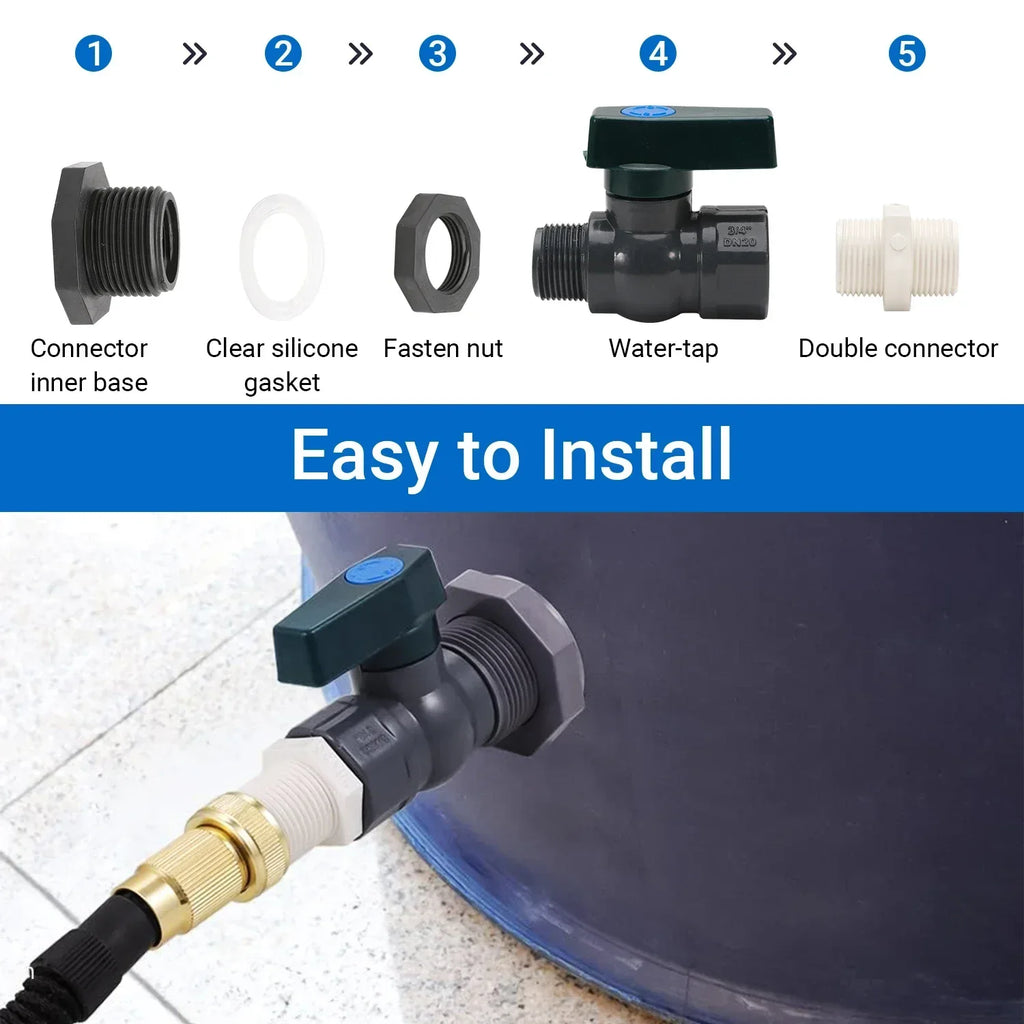 AquaPorta Regenfass Wasserhahn Set | PVC Auslaufhahn 3/4 Zoll | Fassanschluss Adapter | Dichtungsset für Regentonne
