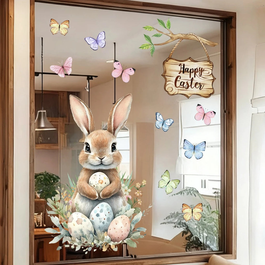 FrühlingsGlanz Großer Oster-Fensteraufkleber | Hase, Küken, Ei & Schmetterling | Statische Glasfolie 60x30 cm