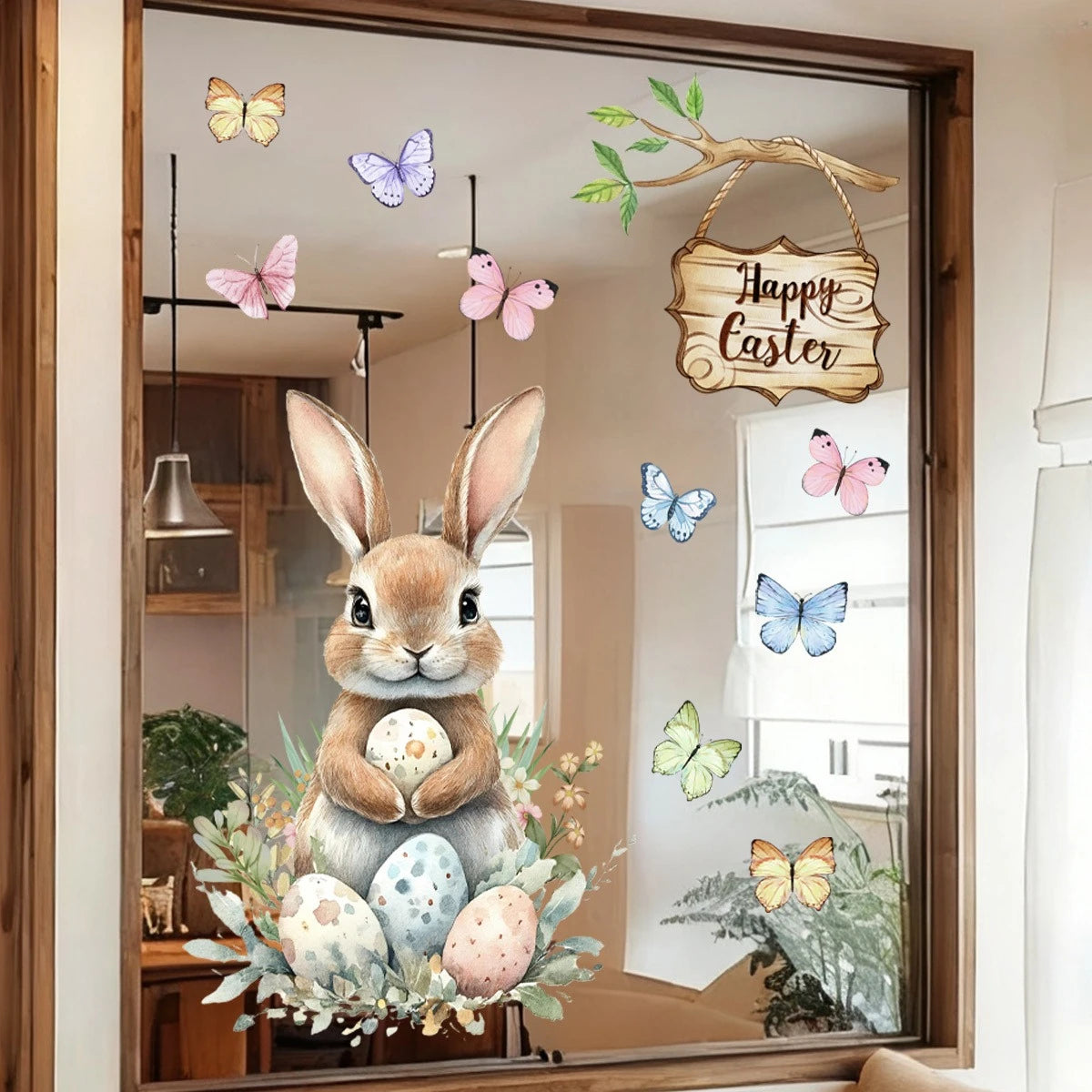 FrühlingsGlanz Großer Oster-Fensteraufkleber | Hase, Küken, Ei & Schmetterling | Statische Glasfolie 60x30 cm