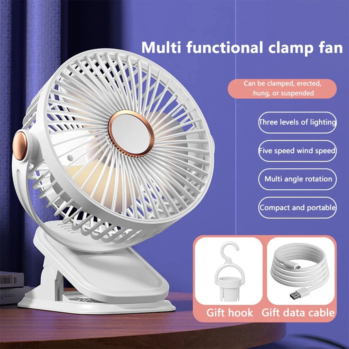 Breezique | Mini-USB-Ventilator mit 5 Geschwindigkeiten | 360° drehbar & Nachtlicht | Wiederaufladbar