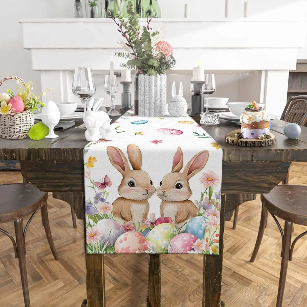 FrühlingsTisch Tischläufer Osterhasen & Bunte Eier | Leinen Stoff | Frühlingsdeko 150x33cm - 200x33cm