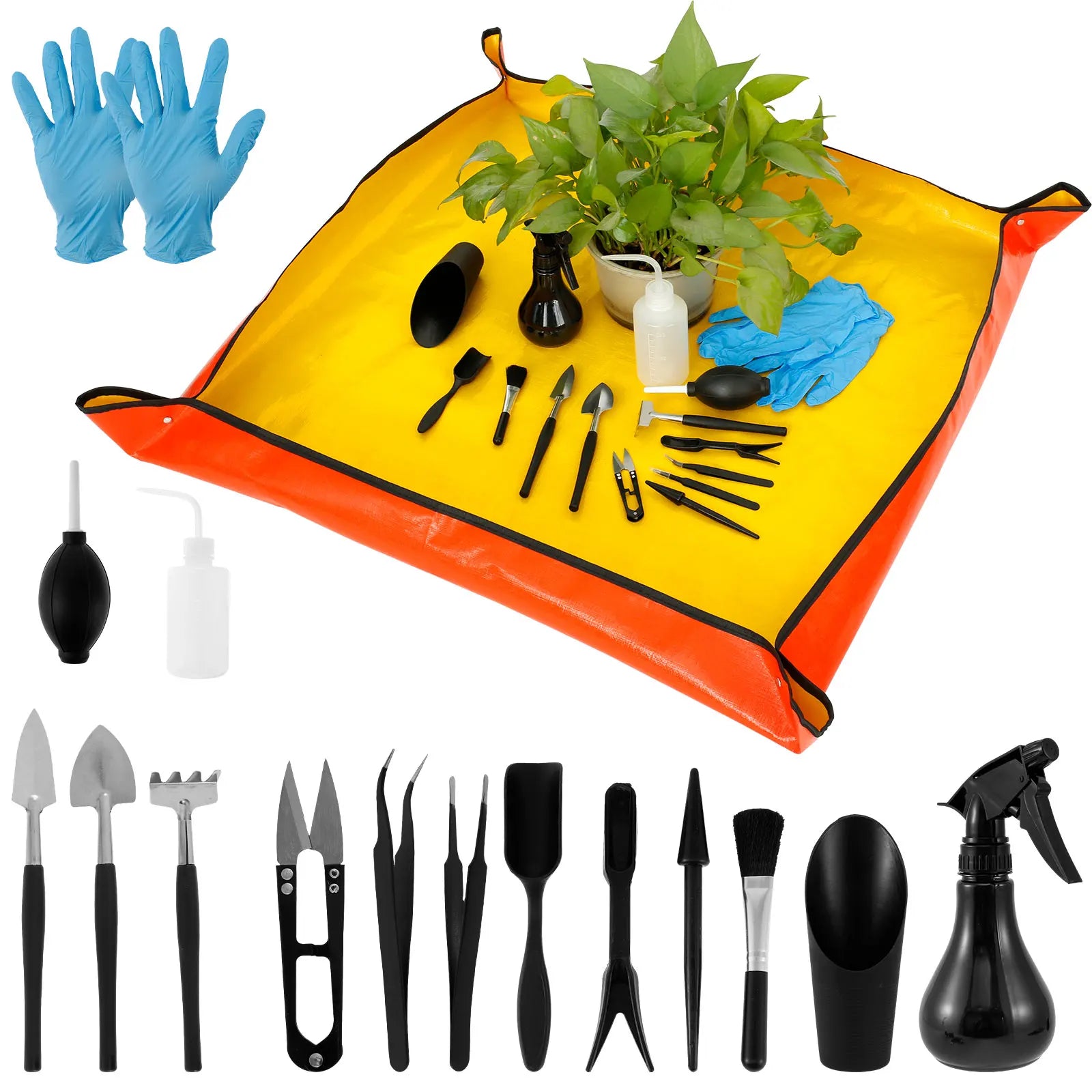 GrünMeister Mini Gartenwerkzeug Set | 13/16-teilig | Mit Umtopf-Matte für Sukkulenten & Bonsai