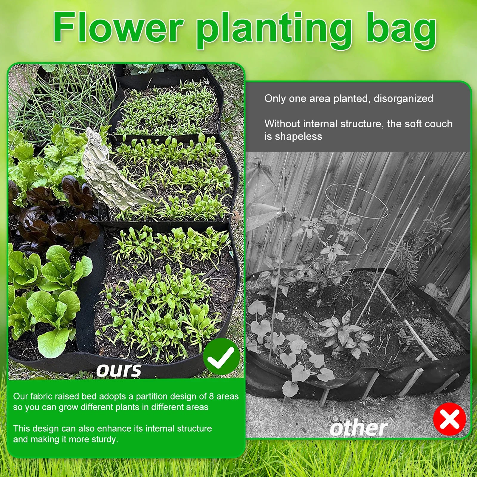 Growvera Hochbeet Pflanzsack | 8 Fächer | Filz Schwarz | 180x90x30 cm