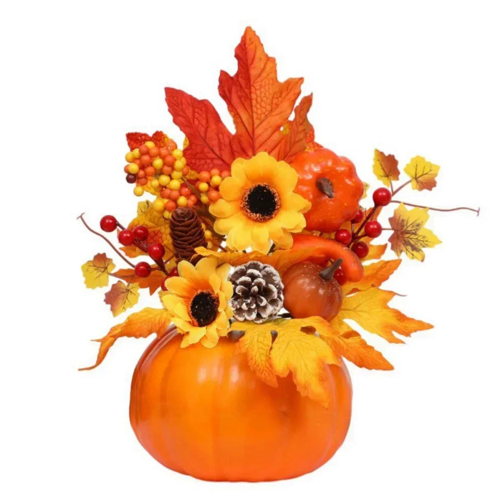 Autumn Magic | Decorative Pumpkin with Artificial Flowers | 25–30 cm | Autumn & Halloween Decor