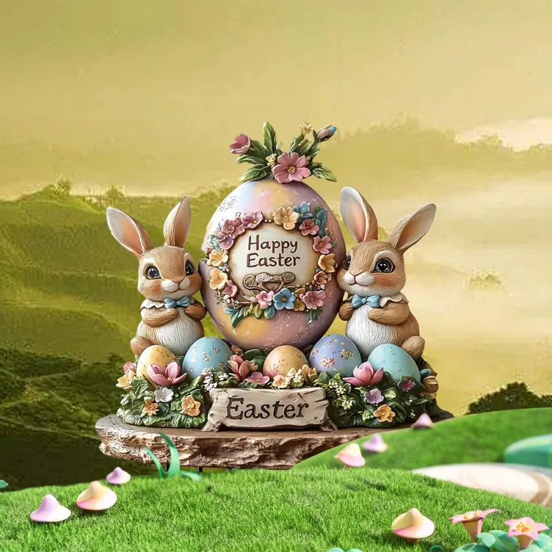 FrühlingsNest Osterhasen Ornament | Hasenhaus Szene | Flache Acryl Tischdekoration für Zuhause Büro Garten