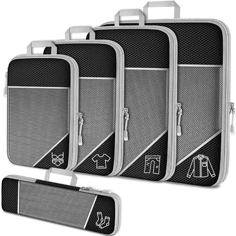 PackEase Koffer Organizer Set 5er | Kompressions Packwürfel mit Schuhbeutel | Leicht & Platzsparend