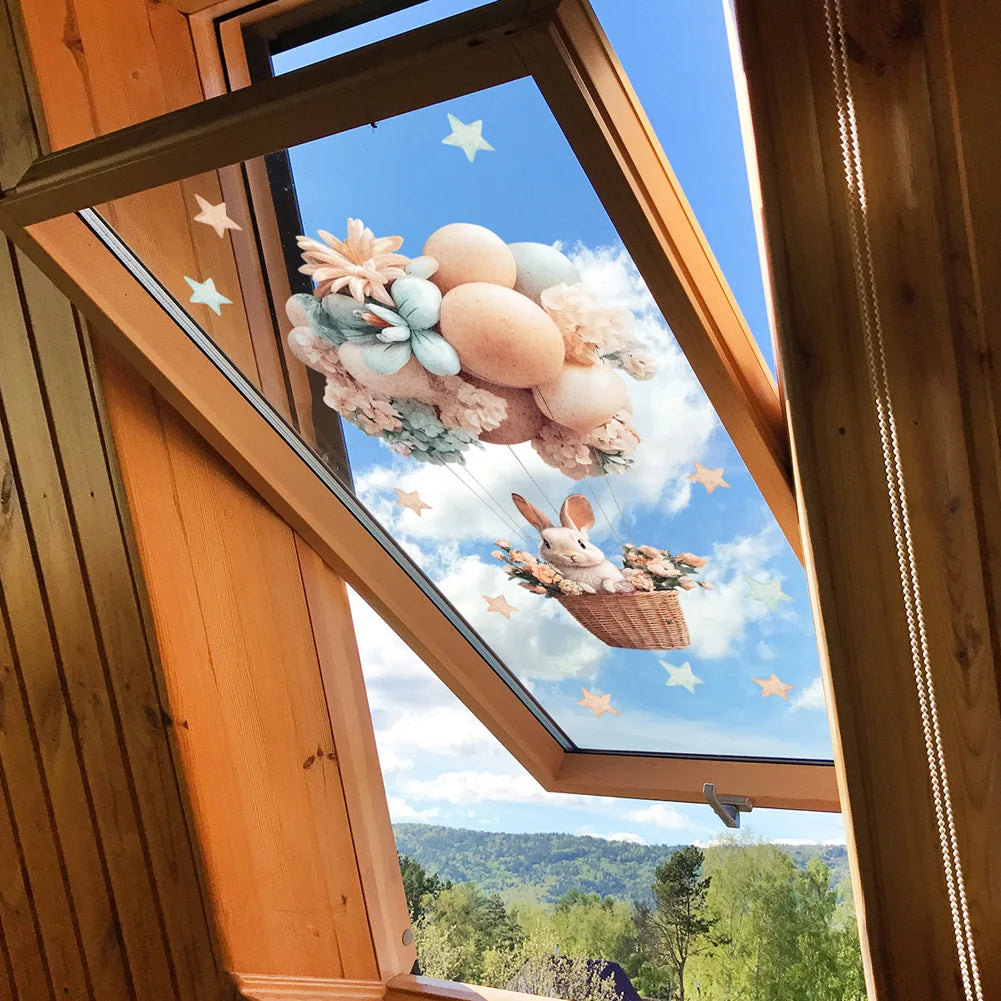 BallonHase Fenstersticker Heißluftballon | Cartoon Hase | Elektrostatik Dekoration für Glas & Türen