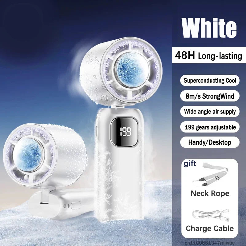 FrostTurbo Turbo Handventilator mit Eiskühlung | 199 Stufen | LED-Digitalanzeige | Handheld & Desktop | USB Akku | Reise & Zuhause