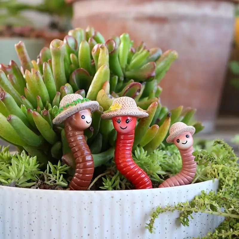 Wurmelino | Regenwurm Figuren Set 3-teilig | Handbemalte Gartenstecker aus Kunstharz | Miniatur Pflanzendekoration