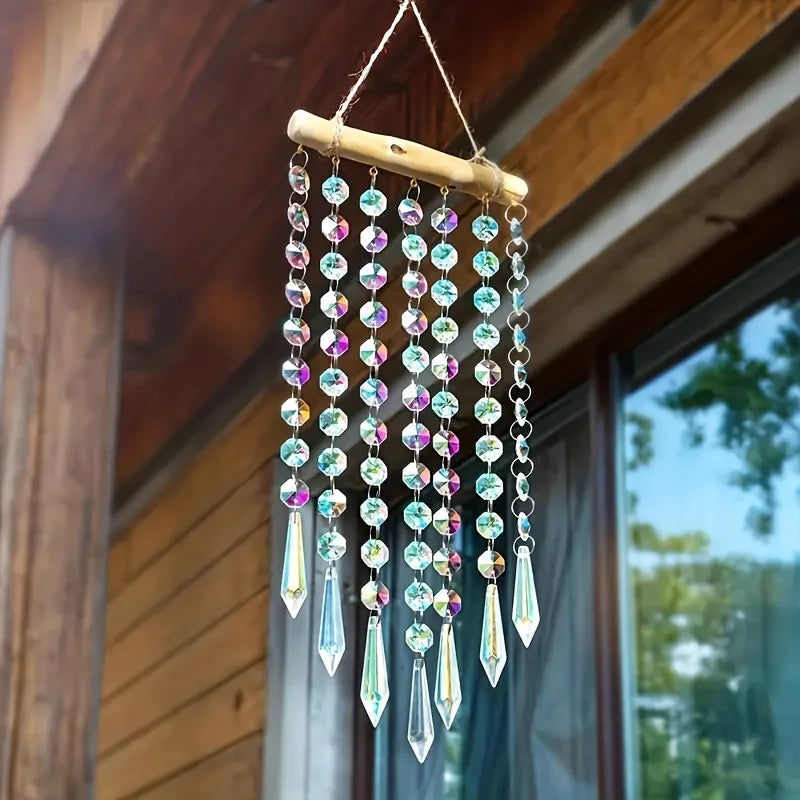 Lichtzauber | Kristall-Sonnenfänger Windspiel | Hängende Glasdekoration mit Farbigen Kristallperlen und Holzanhänger