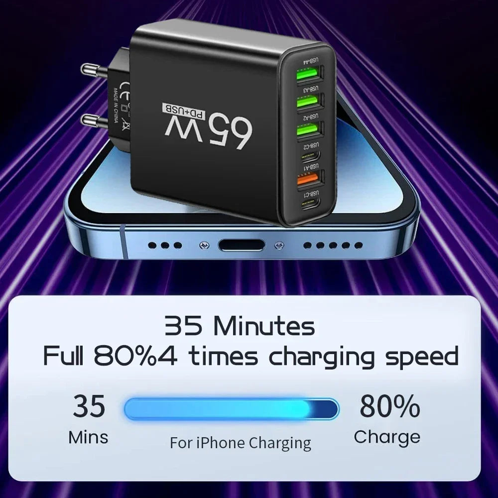 Voltique | 65W USB-C Schnellladegerät | 6 Anschlüsse | Power Delivery & Quick Charge | EU-Stecker