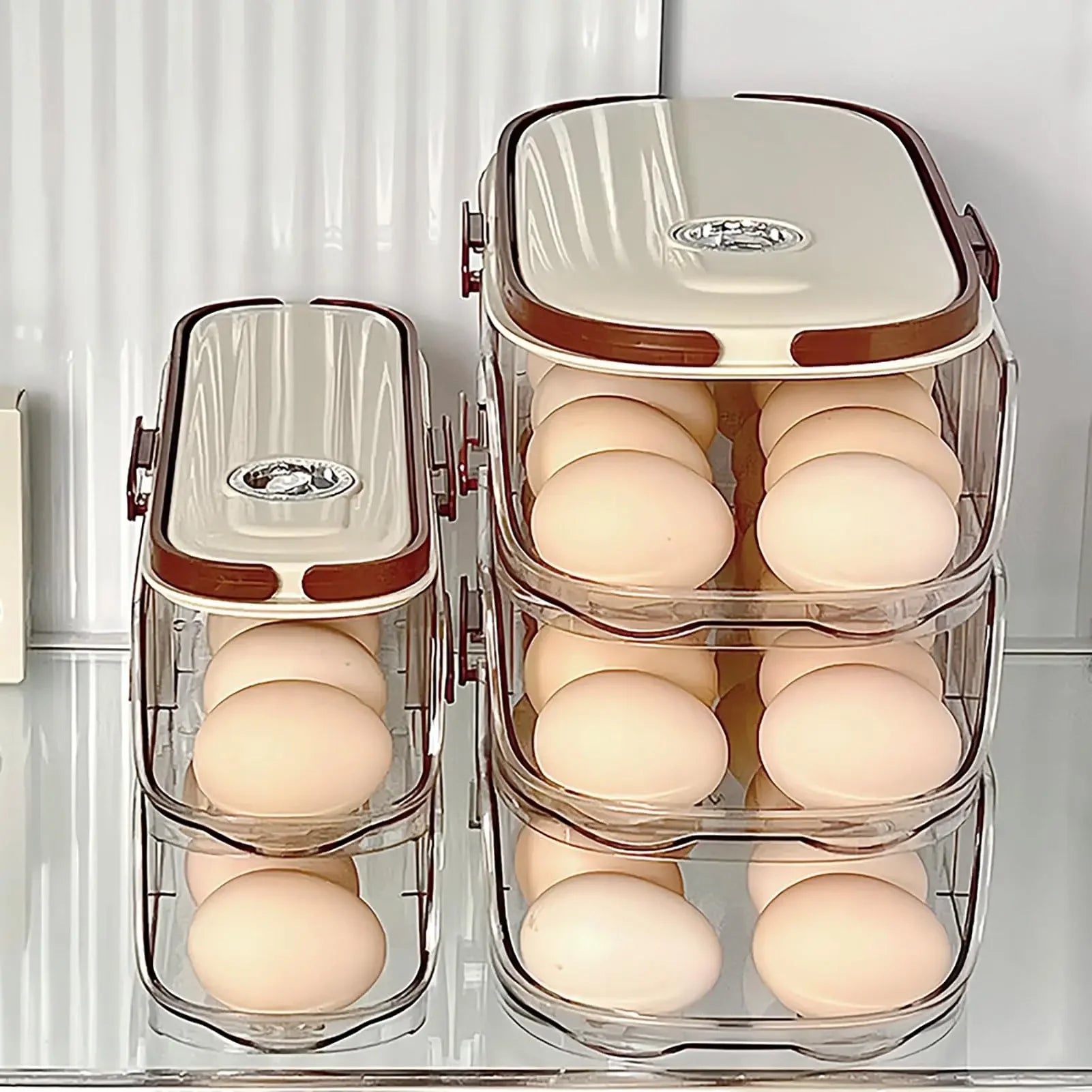 FrischRoll Eierhalter für Kühlschrank | Automatischer Roll-Organizer | Transparente Eier Aufbewahrungsbox stapelbar mit Deckel