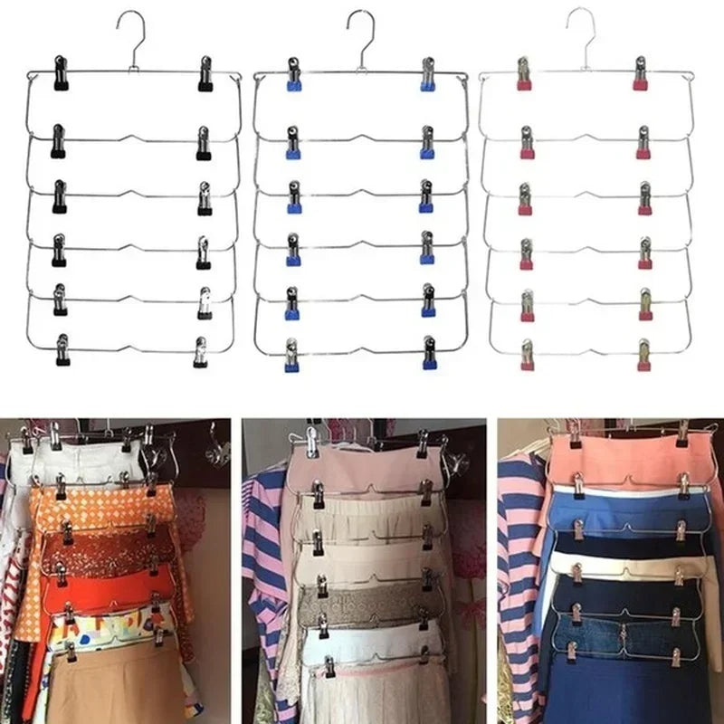 Foldora Hosenbügel 6 Ebenen aus Edelstahl | Multilayer Rock- & Hosenhalter | Platzsparend mit 12 Clips