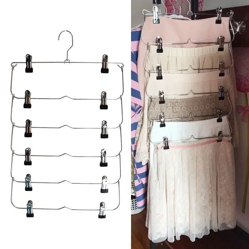 Foldora Hosenbügel 6 Ebenen aus Edelstahl | Multilayer Rock- & Hosenhalter | Platzsparend mit 12 Clips