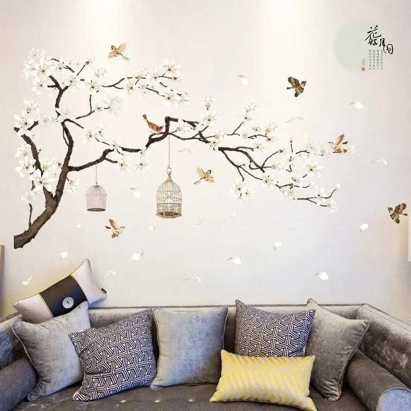 Arboréa Baum Wandtattoo XXL 187x128 cm | Vogel & Blumen Wandsticker | Wohnzimmer & Schlafzimmer Deko