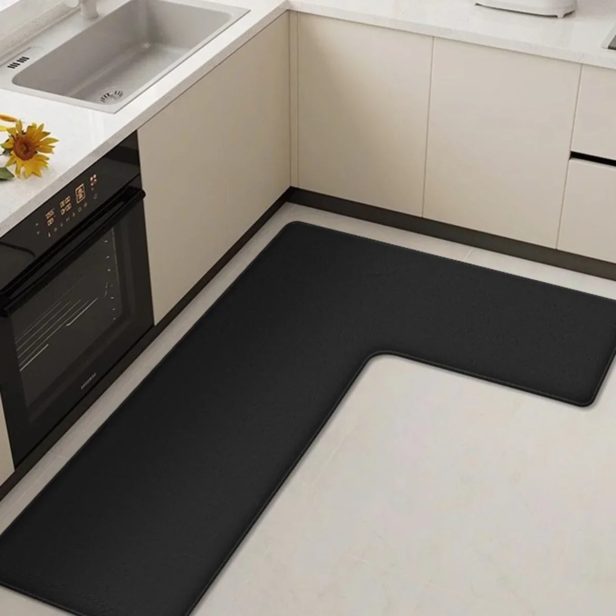 CleanLuxe Kitchen Mat | L-Shaped & Thickened | Non-Slip, Oil Absorbing & Dirt Repellent | Soft Flannel for More Comfort