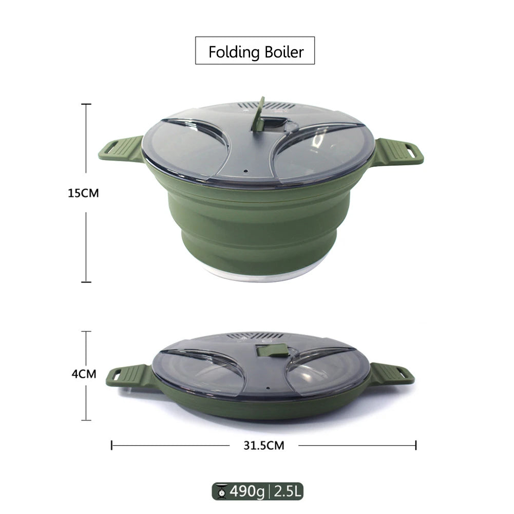FoldCook Camping Kochtopf Faltbar 2,5L | Hitzebeständig | Silikon Edelstahl | Leicht Tragbar