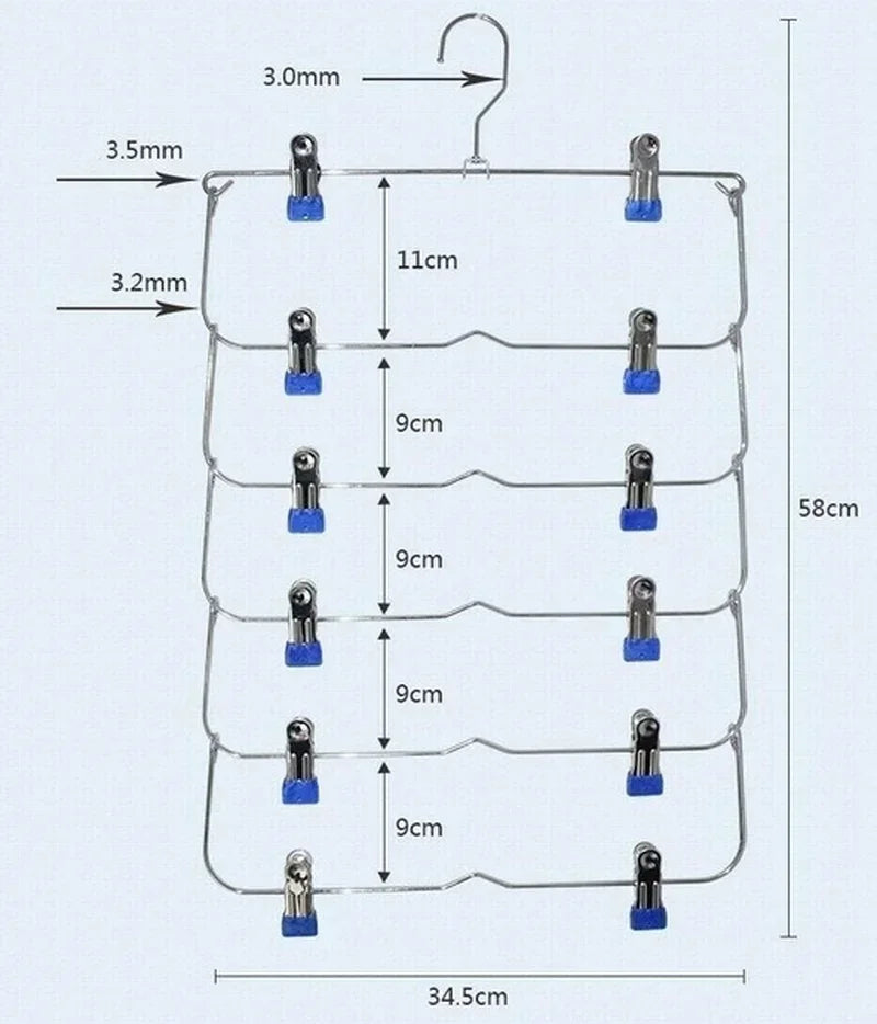 Foldora Hosenbügel 6 Ebenen aus Edelstahl | Multilayer Rock- & Hosenhalter | Platzsparend mit 12 Clips