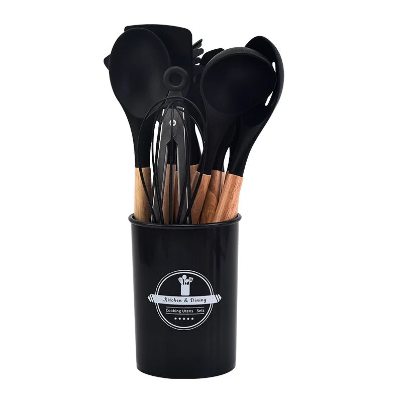 Culinora Silicone Kitchen Utensil Set | Heat Resistant up to 230°C | 12-piece with Wooden Handles | Whisk, Spatula, Tongs & More