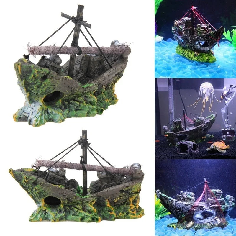 AquaRelict Aquarium Deko Piratenschiff | Resin Schiffswrack Ornament | 13 x 5 x 11 cm