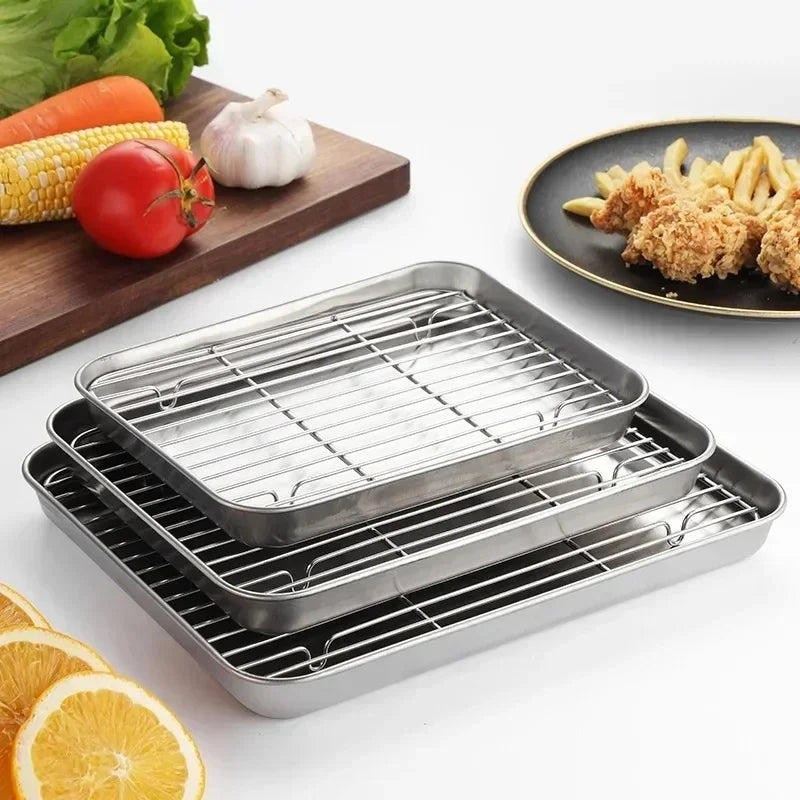 Edelstahl Backform Tablett mit Draht Rack Kuchen Backen BBQ Pan Tablett Platte Ofen Brownie Rack Kochen Braten Grillen Werkzeug