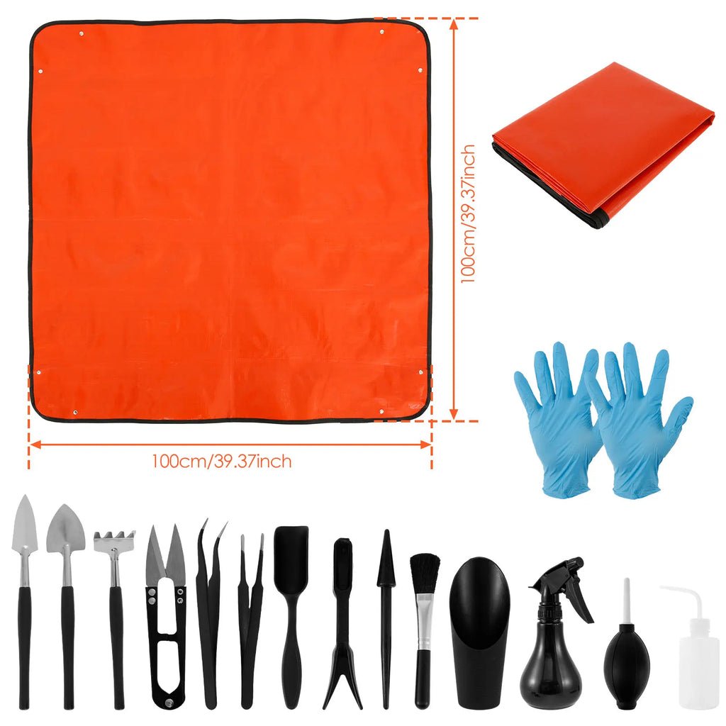 GrünMeister Mini Gartenwerkzeug Set | 13/16-teilig | Mit Umtopf-Matte für Sukkulenten & Bonsai
