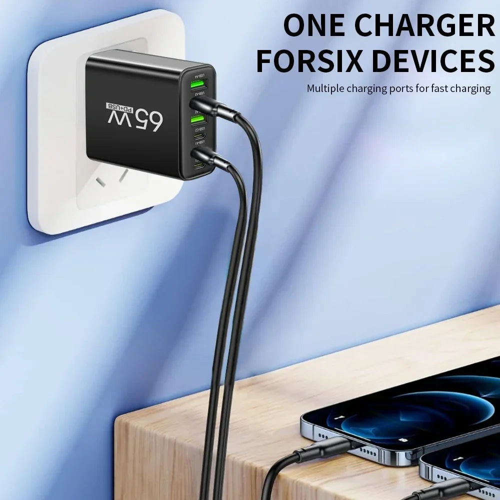 Voltique | 65W USB-C Schnellladegerät | 6 Anschlüsse | Power Delivery & Quick Charge | EU-Stecker