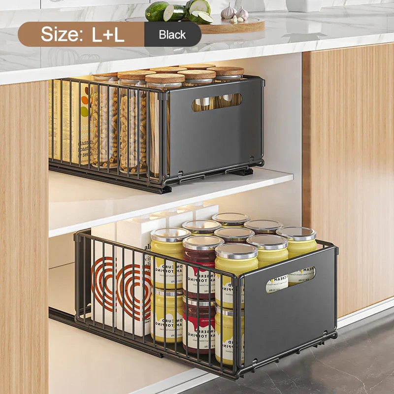 Cabinova Extendable Kitchen Shelf with Drawer | Metal Organizer for Spices & Cleaning Supplies | No Drilling Needed
