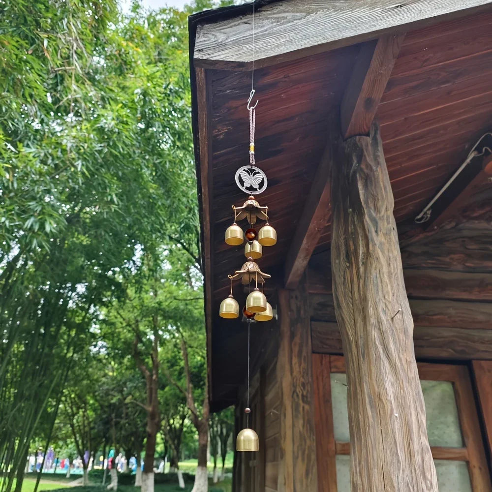 BellAura Doppelglocken Windspiel | Metall Anhänger | Garten & Hausdeko | Hängende Glocke, Messingfarbe
