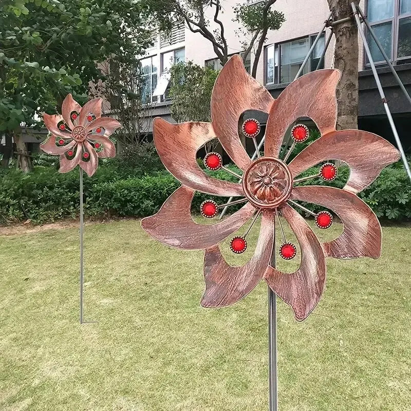 Ventoria | Windspiel mit Doppel-Windrad | Kinetische Gartenskulptur aus Metall | Wetterfeste Gartendekoration