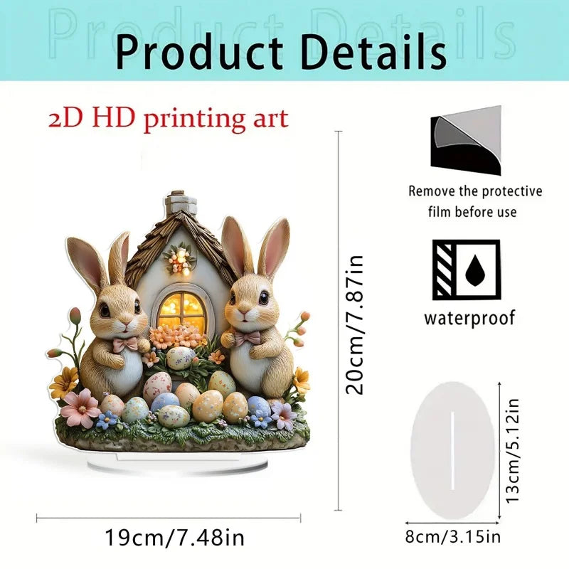 FrühlingsNest Osterhasen Ornament | Hasenhaus Szene | Flache Acryl Tischdekoration für Zuhause Büro Garten