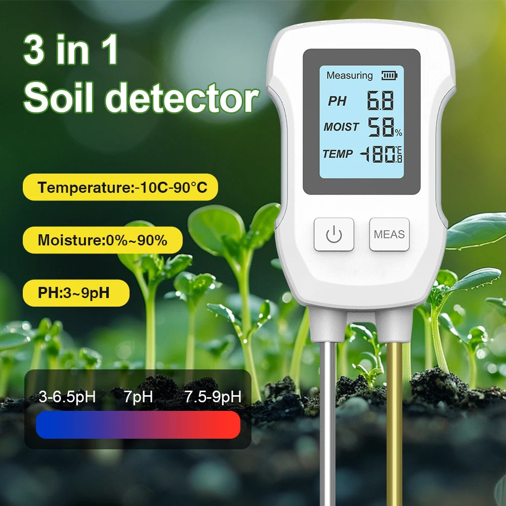 FloraSense Digitaler Bodenmessgerät 3-in-1 | pH-, Temperatur- & Feuchtigkeitsmesser | LCD Display mit Beleuchtung | 25,3 cm Sonde