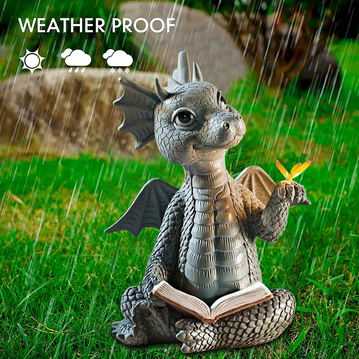 DrachenZauber Gartenfigur DrachenZauber | Kleine Lesender Drache | Resin Skulptur | Niedliche Drachen Deko für Garten & Zuhause