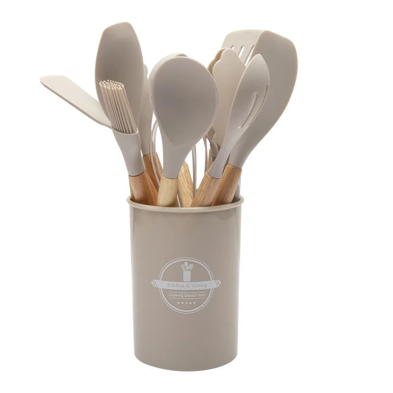 Culinora Silicone Kitchen Utensil Set | Heat Resistant up to 230°C | 12-piece with Wooden Handles | Whisk, Spatula, Tongs & More