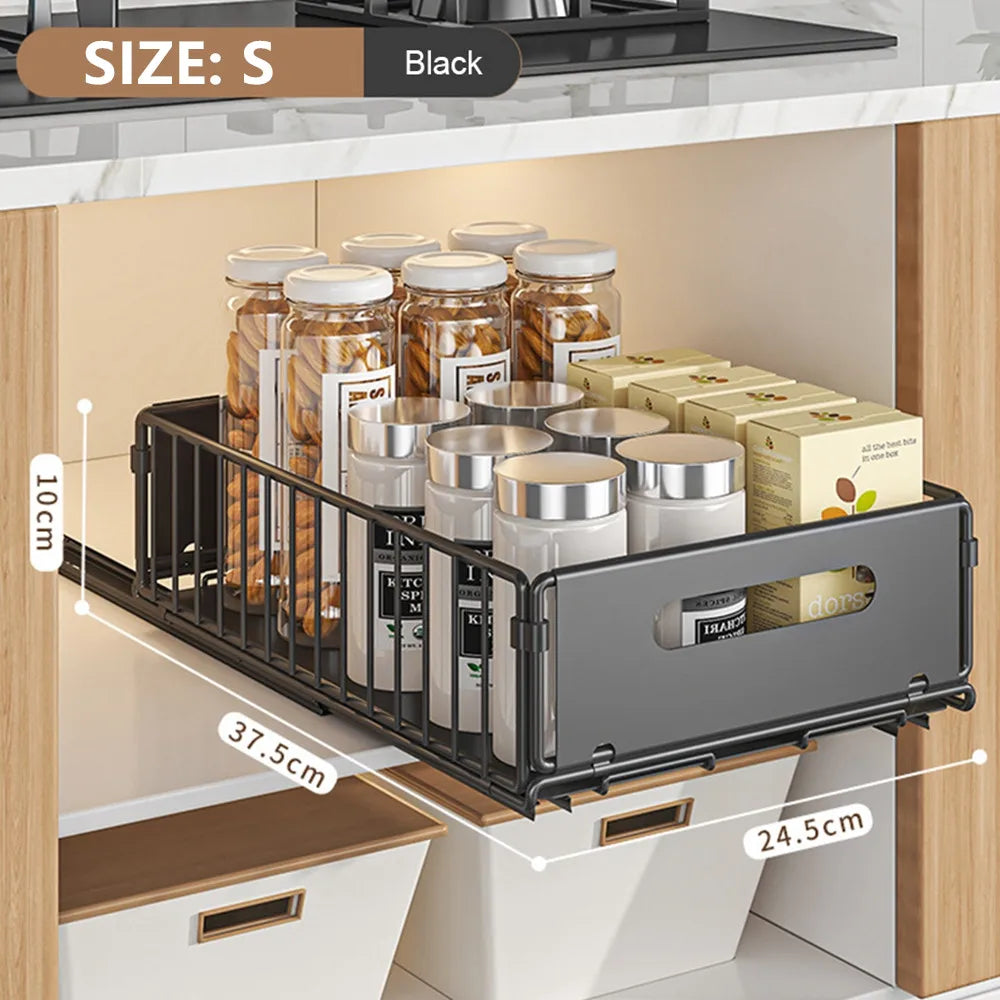 Cabinova Extendable Kitchen Shelf with Drawer | Metal Organizer for Spices & Cleaning Supplies | No Drilling Needed