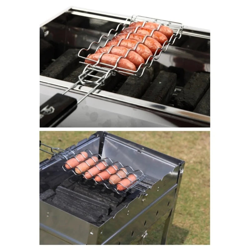 Flammgusto Hotdog Grillkorb für 6 Würstchen | Edelstahl Grillkorb mit Holzgriff | BBQ Grillzubehör 55,5 cm
