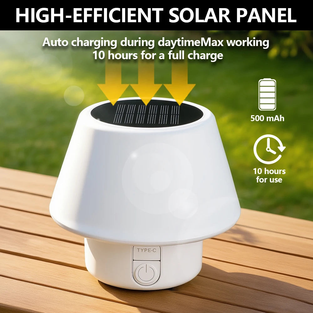 SolunaGlow Solar Tischlampe LED Pilz Design | Dimmbar & 4 Modi | IP65 Wasserdicht | Kabellos