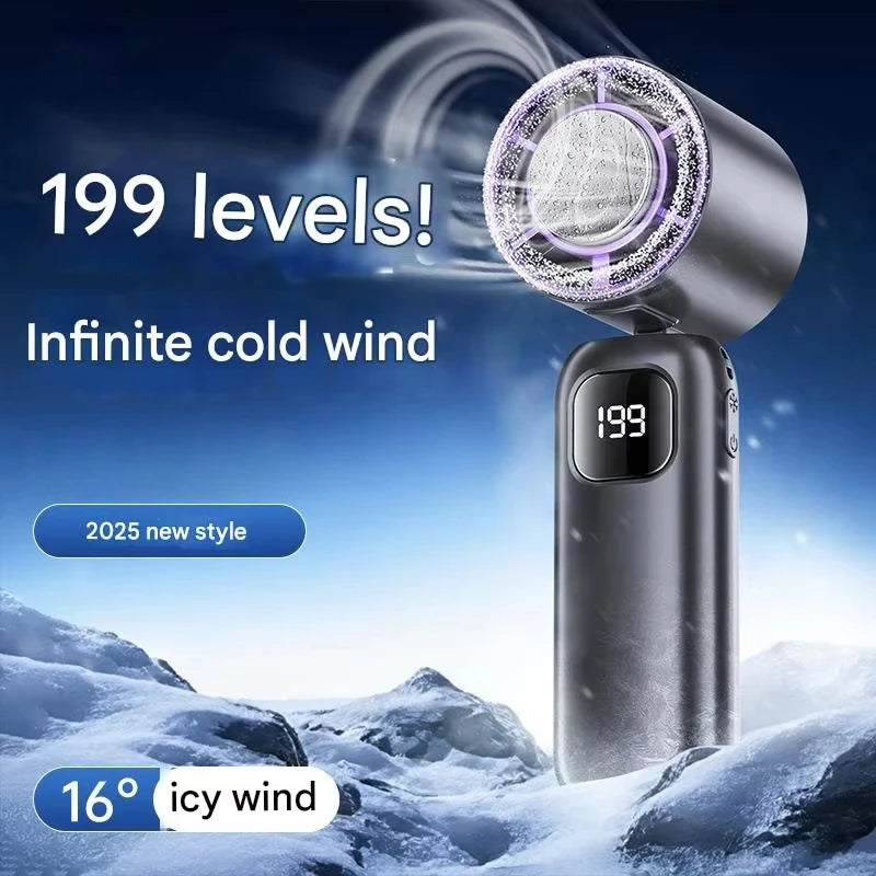 FrostTurbo Turbo Handventilator mit Eiskühlung | 199 Stufen | LED-Digitalanzeige | Handheld & Desktop | USB Akku | Reise & Zuhause