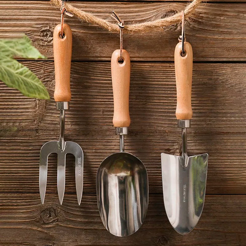 Florentra Gartenwerkzeug Set 5-teilig | Edelstahl Handwerkzeuge mit Holzgriff | Schaufel Rechen Pflanzgabel Set