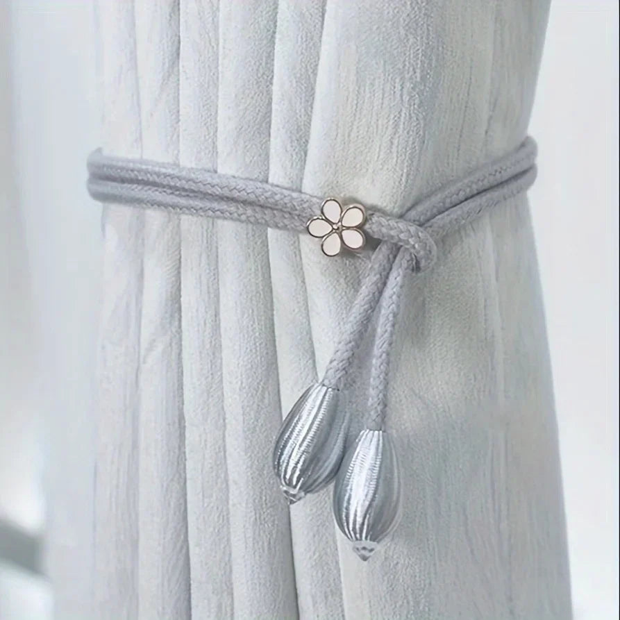 Floravia Curtain Holder Set of 2 | Adjustable Without Drilling | With Flower Buckle | Elegant Home Accessory
