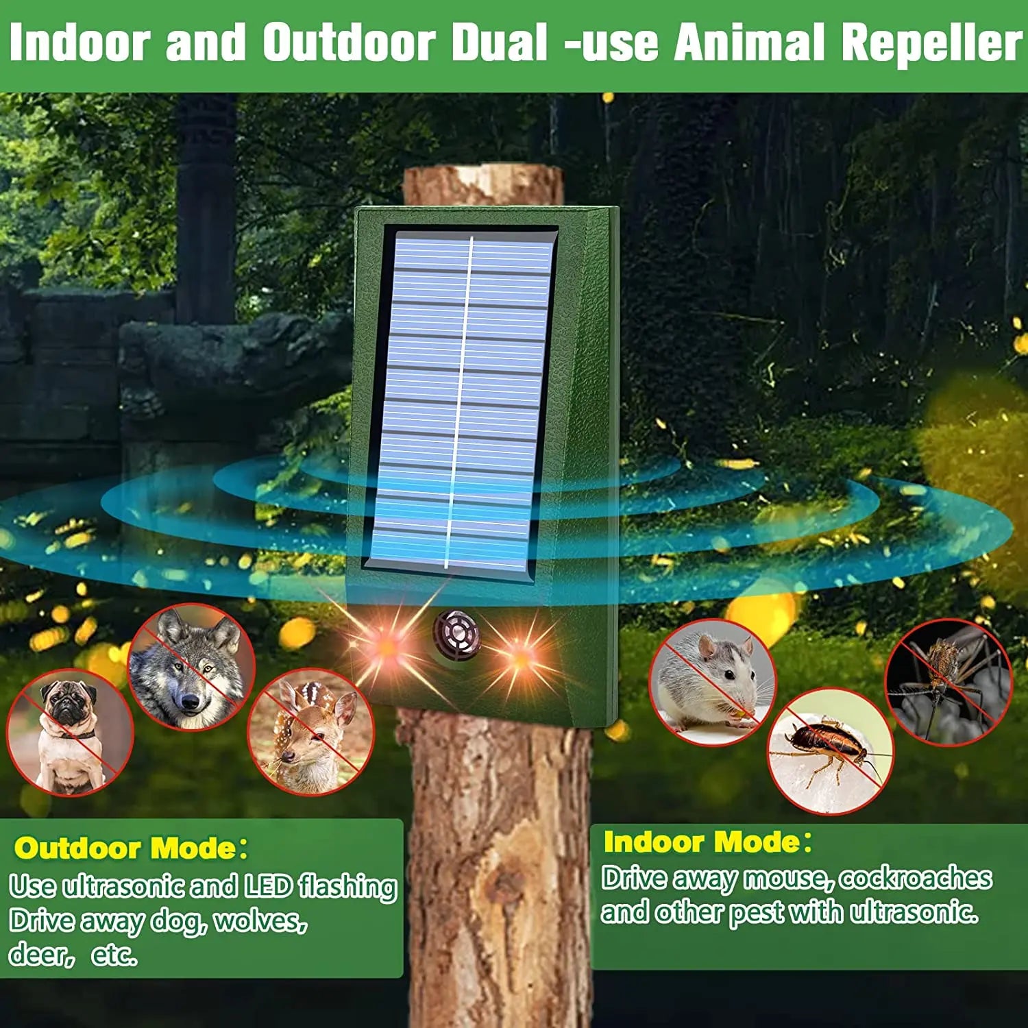PestGuard Solar | Solar Ultraschall-Tiervertreiber | IP66 Wasserdichter Schädlingsabwehrer mit LED-Blitzlicht | Für Garten & Außenbereich