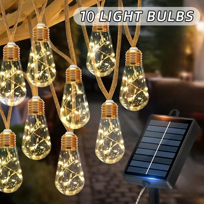 LumiHemp | Solar-Lichterkette mit Hanfseil | Wasserdichte Vintage-LED-Gartenbeleuchtung mit 8 Leuchtmodi