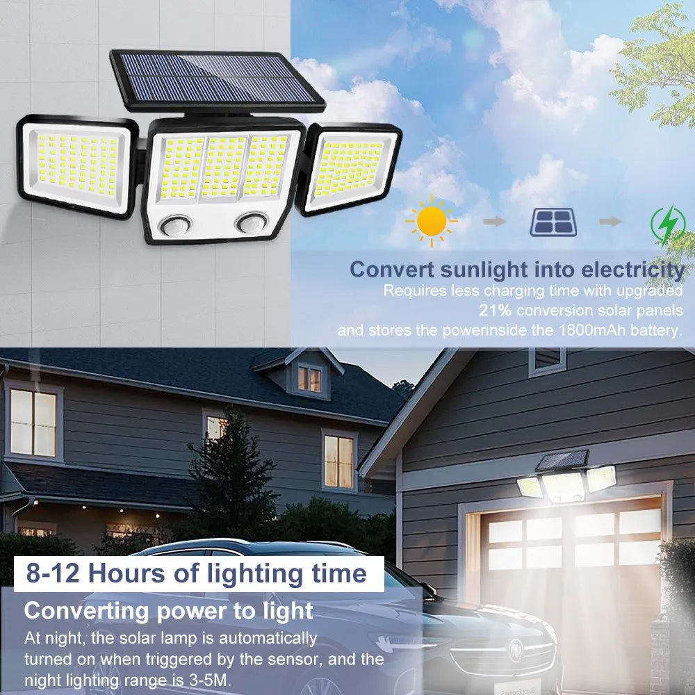 SolarGuard 3-Kopf Solar-Bewegungsmelderlicht | 236/223 LED | IP65 Wasserdicht | 3 Beleuchtungsmodi | Außenwand, Garten & Terrasse